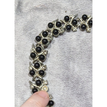 Vintage Black Gem And Rhinestone Studded Silver Tone Necklace