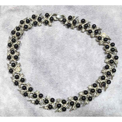 Vintage Black Gem And Rhinestone Studded Silver Tone Necklace
