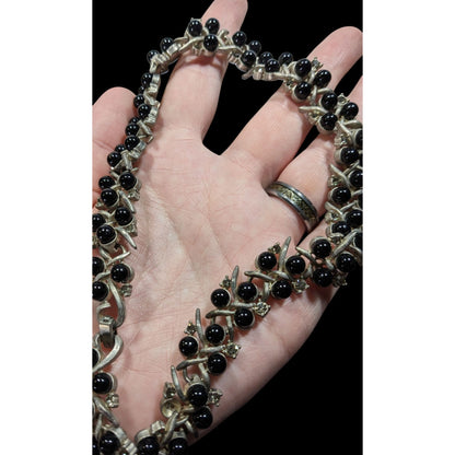 Vintage Black Gem And Rhinestone Studded Silver Tone Necklace