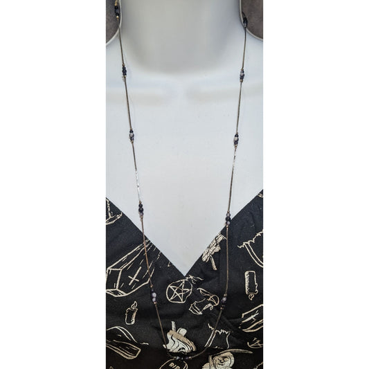 Vintage Korea Black White Beaded Necklace Long Gold Tone Minimalist Layering Jewelry
