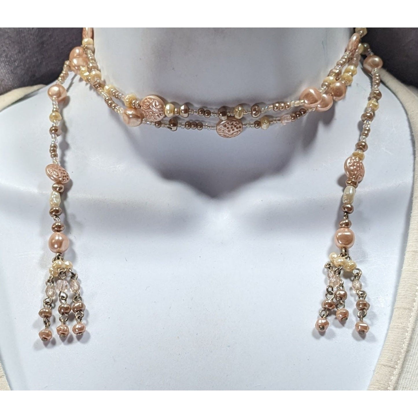 Elegant Faux Pearl Beaded Cream Wrap Necklace