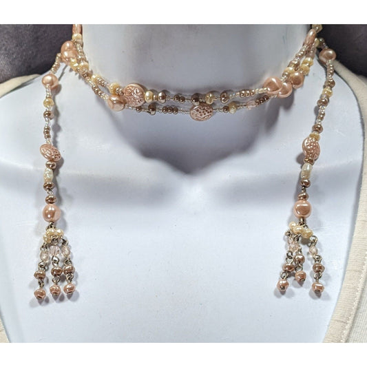 Elegant Faux Pearl Beaded Cream Wrap Necklace