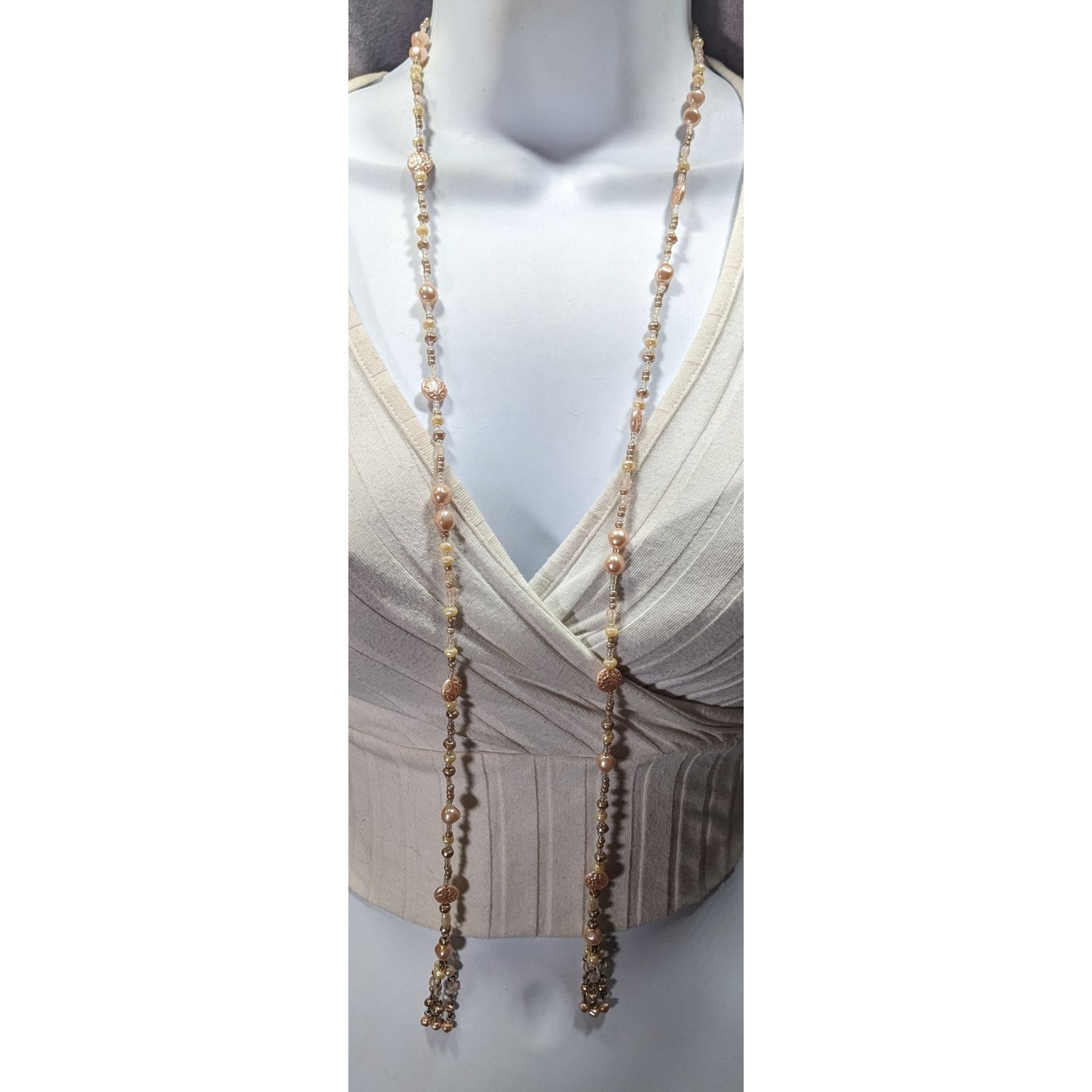 Elegant Faux Pearl Beaded Cream Wrap Necklace