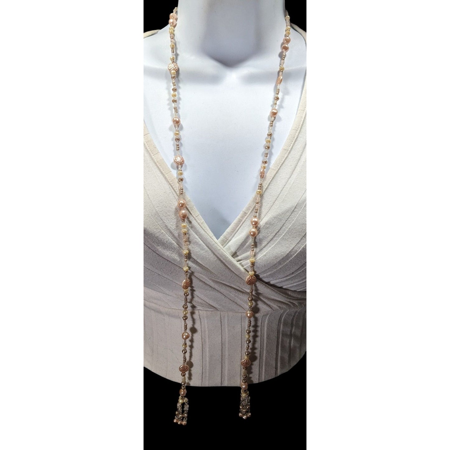 Elegant Faux Pearl Beaded Cream Wrap Necklace