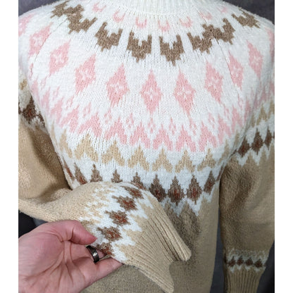 Rachel Zoe Retro White Pink And Tan Pullover Sweater Size XS