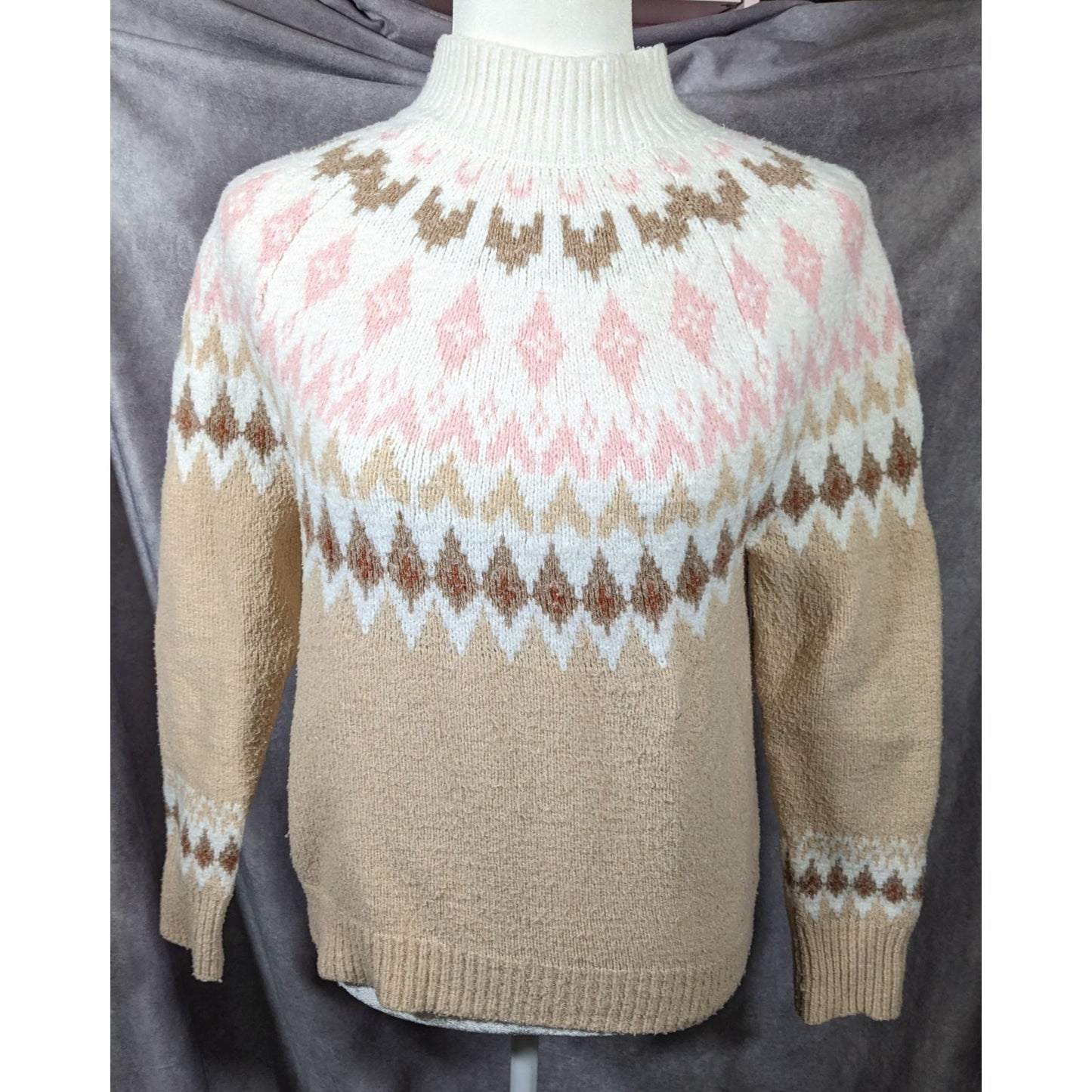 Rachel Zoe Retro White Pink And Tan Pullover Sweater Size XS