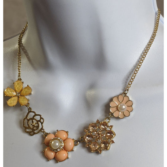 Cottagecore Floral Gold-Tone Necklace With Yellow & Peach