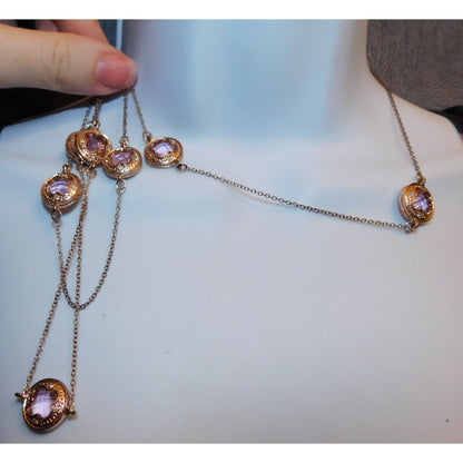 Whimsical Pink Gemmed Rose Gold Tone Statement Necklace