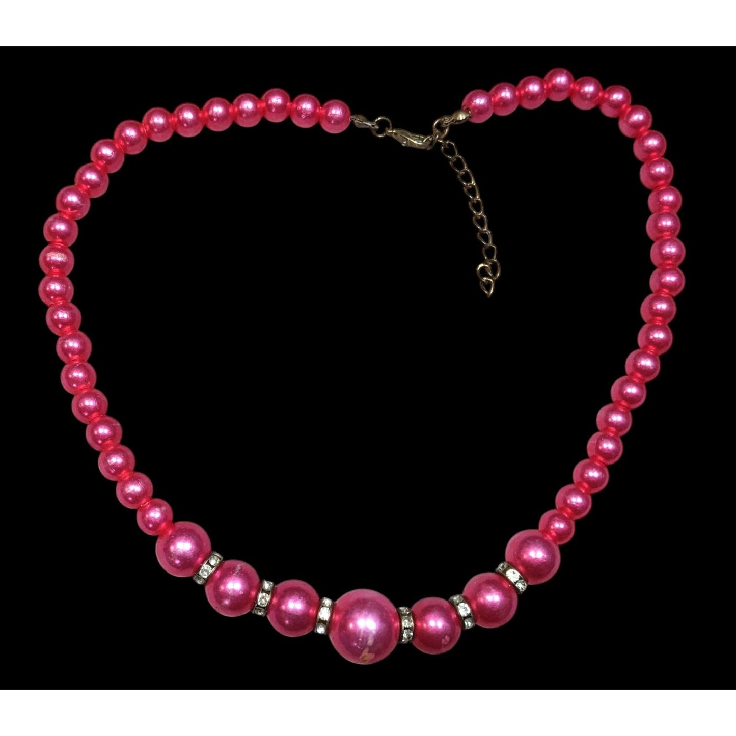 80s Glam Magenta Faux Pearl And Rhinestone Beaded Necklace