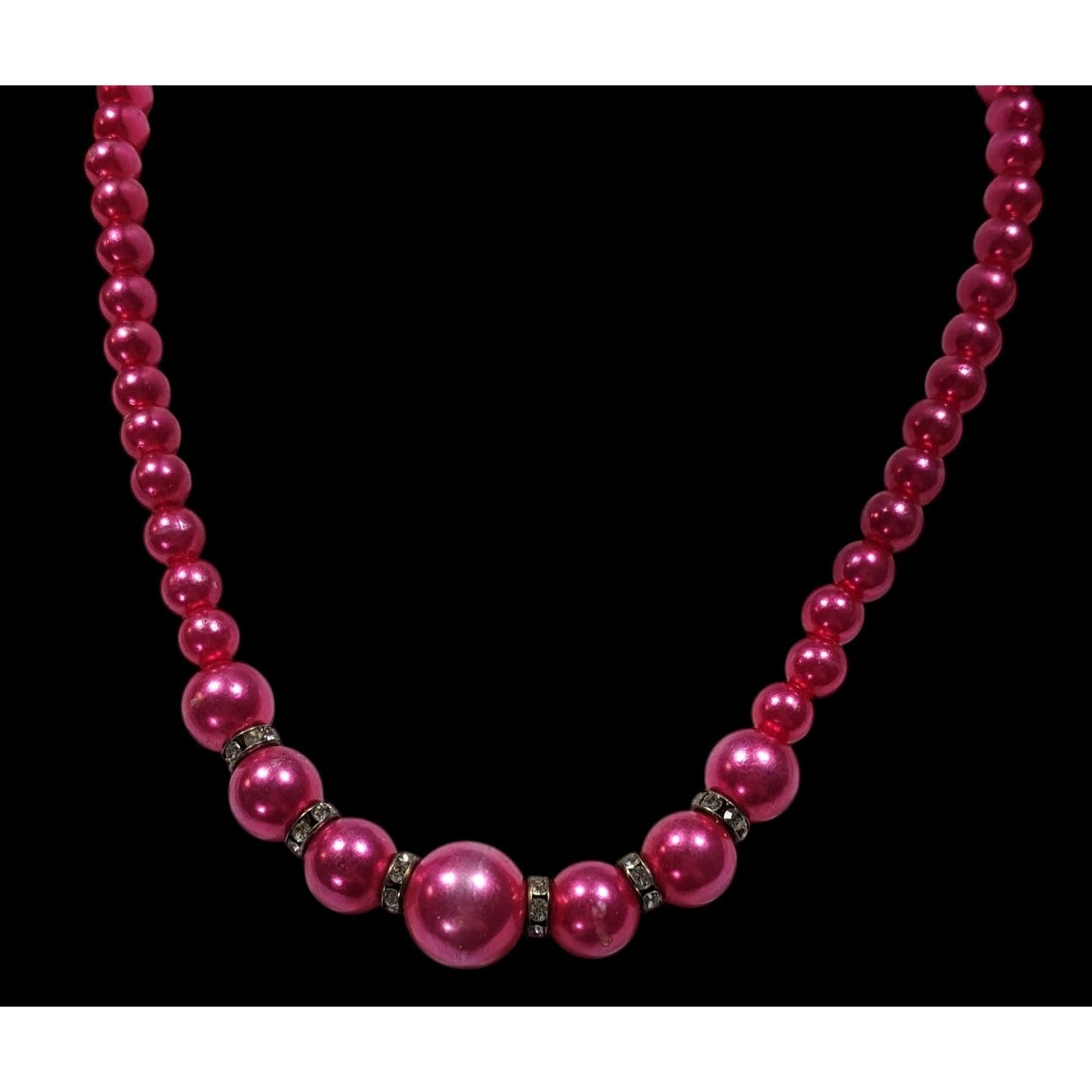 80s Glam Magenta Faux Pearl And Rhinestone Beaded Necklace