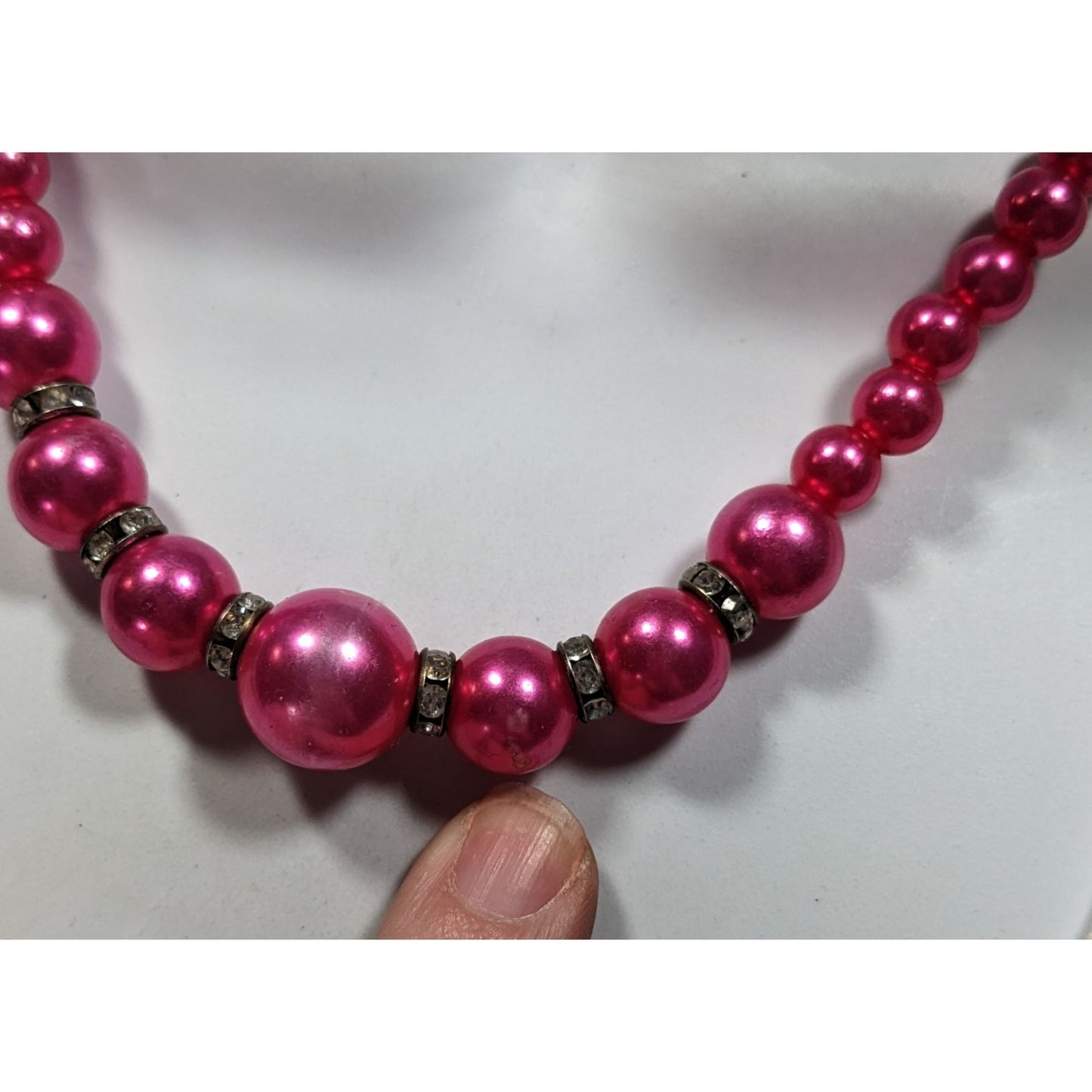 80s Glam Magenta Faux Pearl And Rhinestone Beaded Necklace