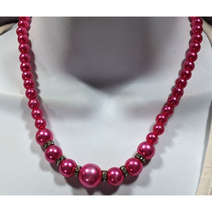 80s Glam Magenta Faux Pearl And Rhinestone Beaded Necklace