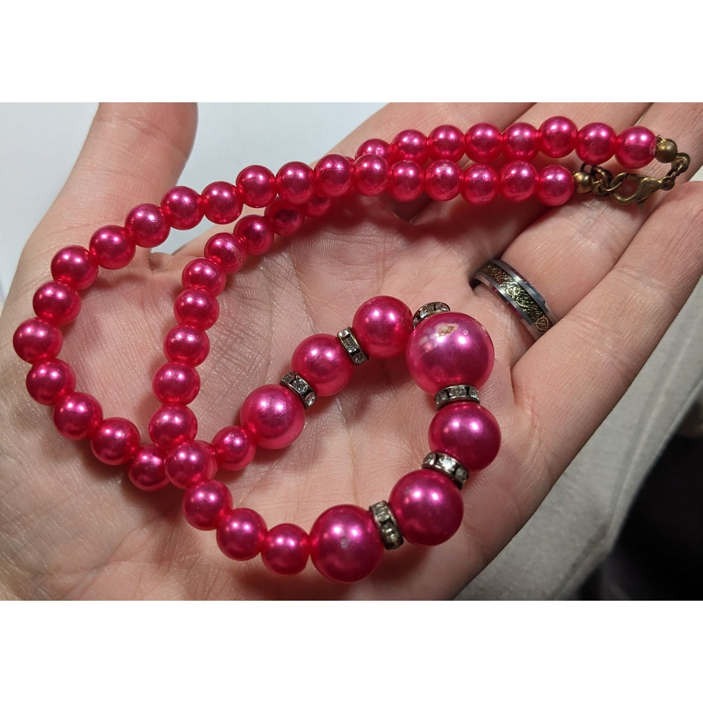 80s Glam Magenta Faux Pearl And Rhinestone Beaded Necklace