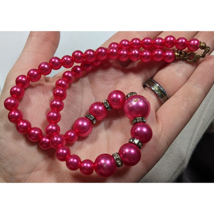 80s Glam Magenta Faux Pearl And Rhinestone Beaded Necklace