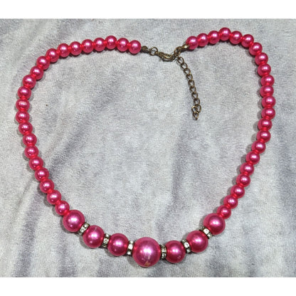 80s Glam Magenta Faux Pearl And Rhinestone Beaded Necklace