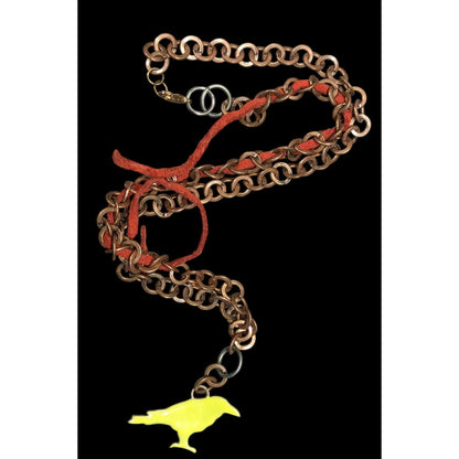 Unique Handcrafted Copper Chain Necklace With Yellow Bird Pendant & Red Suede Accent