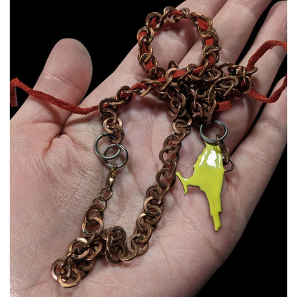 Unique Handcrafted Copper Chain Necklace With Yellow Bird Pendant & Red Suede Accent