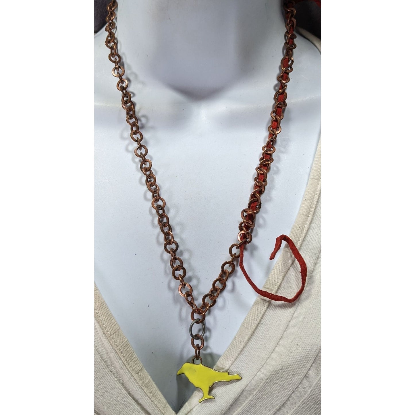 Unique Handcrafted Copper Chain Necklace With Yellow Bird Pendant & Red Suede Accent