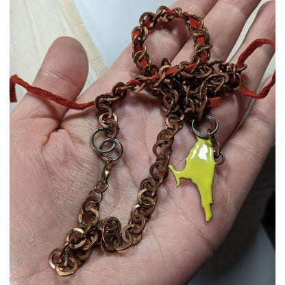 Unique Handcrafted Copper Chain Necklace With Yellow Bird Pendant & Red Suede Accent