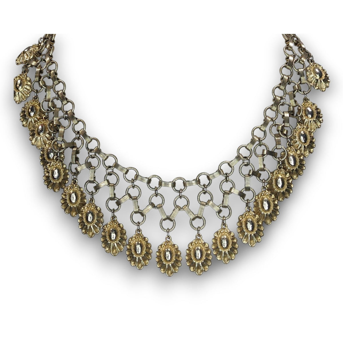 Vintage Boho Floral Metal Gold Silver Tone Bib Necklace 13 Inch