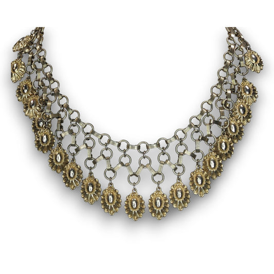 Vintage Boho Floral Metal Gold Silver Tone Bib Necklace 13 Inch