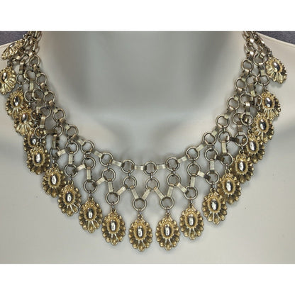 Vintage Boho Floral Metal Gold Silver Tone Bib Necklace 13 Inch