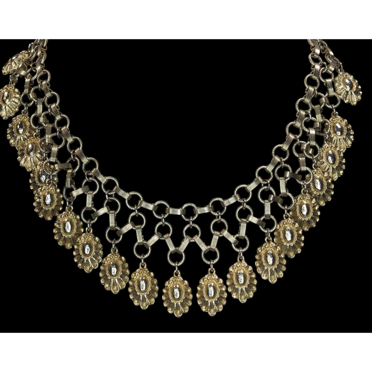 Vintage Boho Floral Metal Gold Silver Tone Bib Necklace 13 Inch