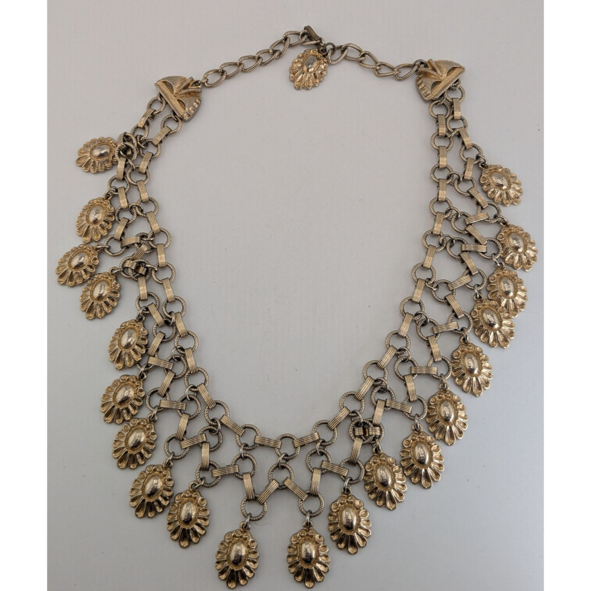 Vintage Boho Floral Metal Gold Silver Tone Bib Necklace 13 Inch
