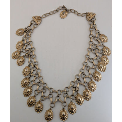 Vintage Boho Floral Metal Gold Silver Tone Bib Necklace 13 Inch