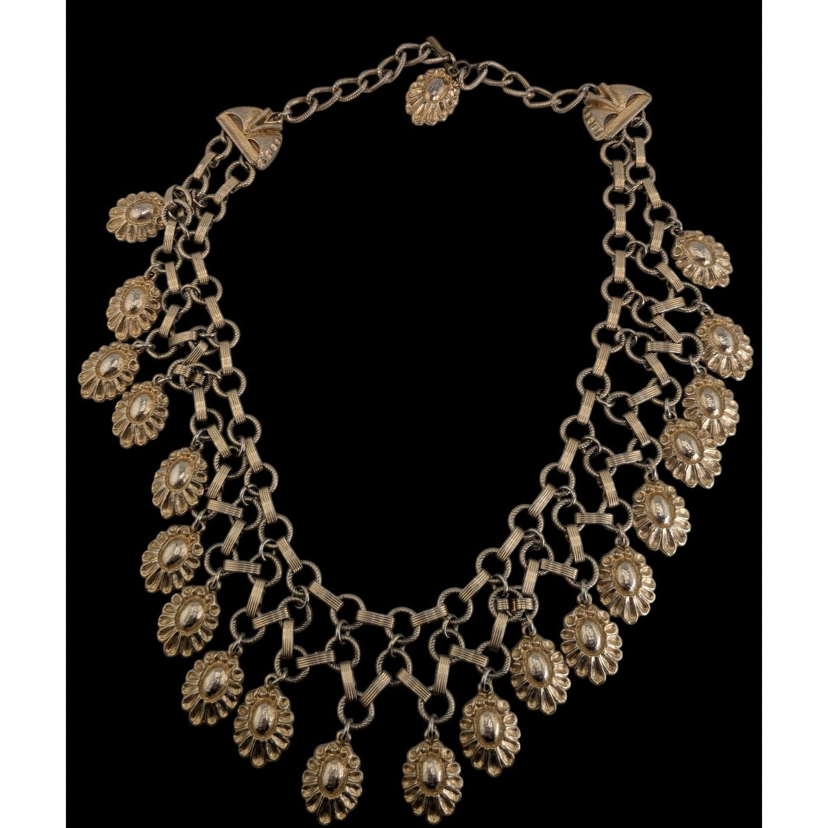 Vintage Boho Floral Metal Gold Silver Tone Bib Necklace 13 Inch