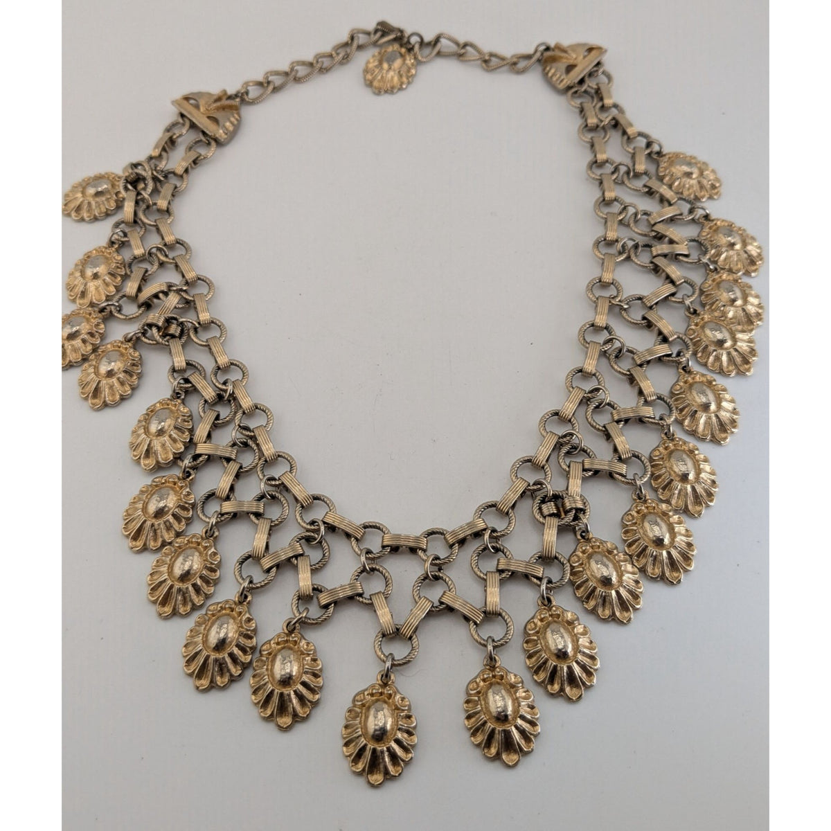 Vintage Boho Floral Metal Gold Silver Tone Bib Necklace 13 Inch