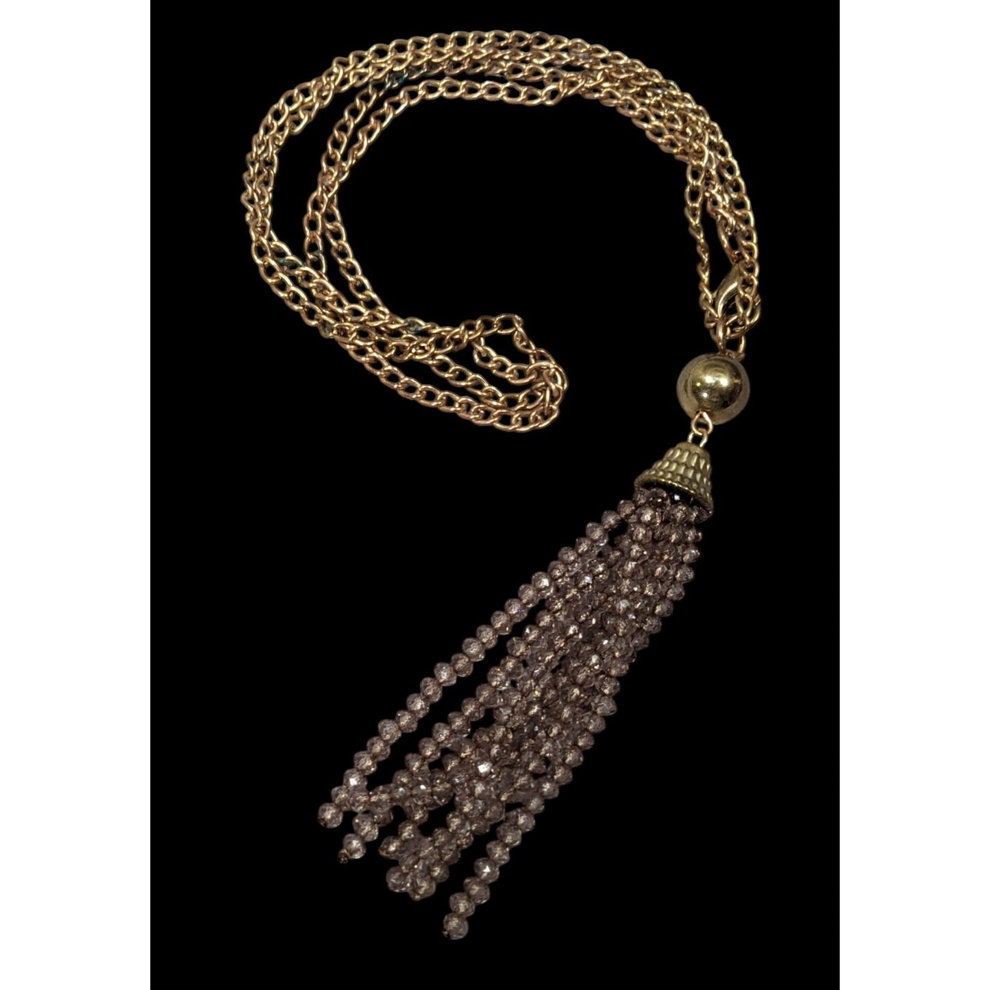 Elegant Glass Beaded Gold Tone Tassel Necklace