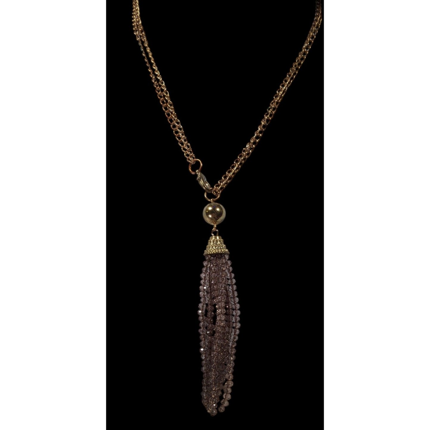 Elegant Glass Beaded Gold Tone Tassel Necklace