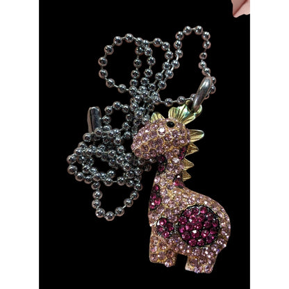 Pink Rhinestone Dinosaur Pendant Necklace With Silver Ball Chain