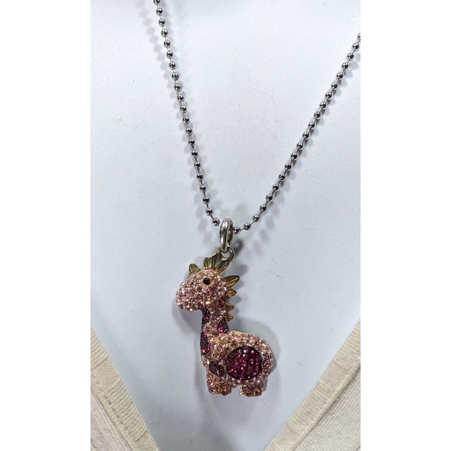 Pink Rhinestone Dinosaur Pendant Necklace With Silver Ball Chain