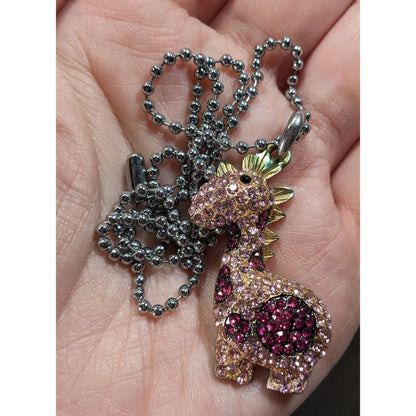Pink Rhinestone Dinosaur Pendant Necklace With Silver Ball Chain