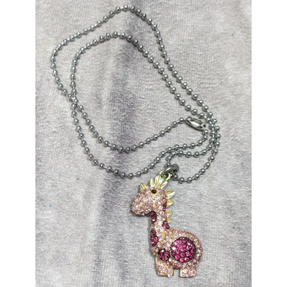 Pink Rhinestone Dinosaur Pendant Necklace With Silver Ball Chain