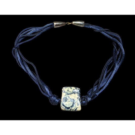Vintage Handcrafted Ceramic Floral Distressed Pendant Necklace On Navy Blue Silk Cord With Metal Clasp