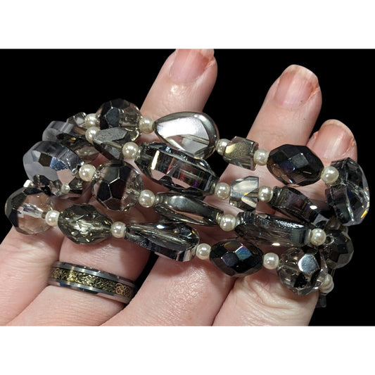 Elegant Smokey Glass And Faux Pearl Layered Beaded Stretch Bracelet