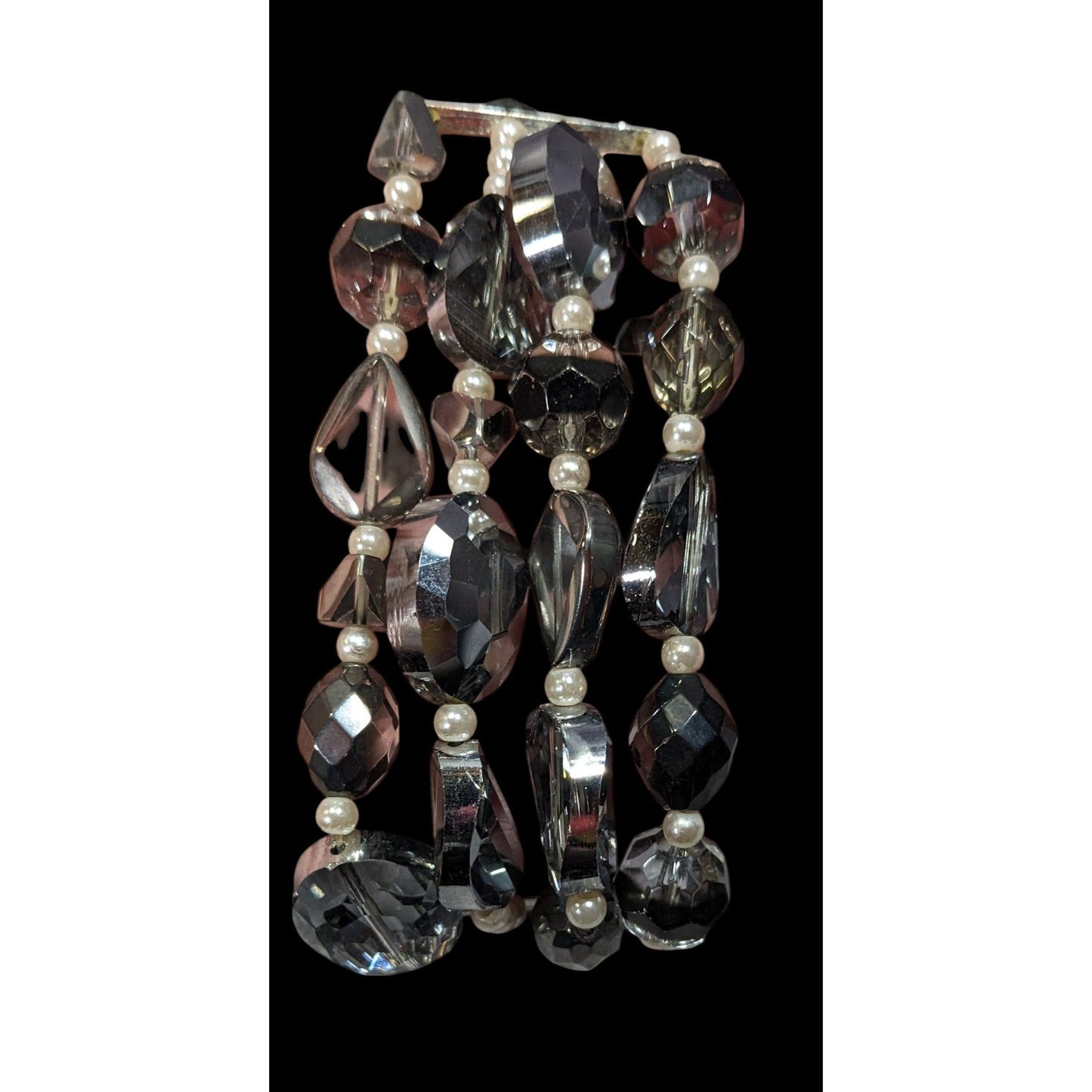 Elegant Smokey Glass And Faux Pearl Layered Beaded Stretch Bracelet