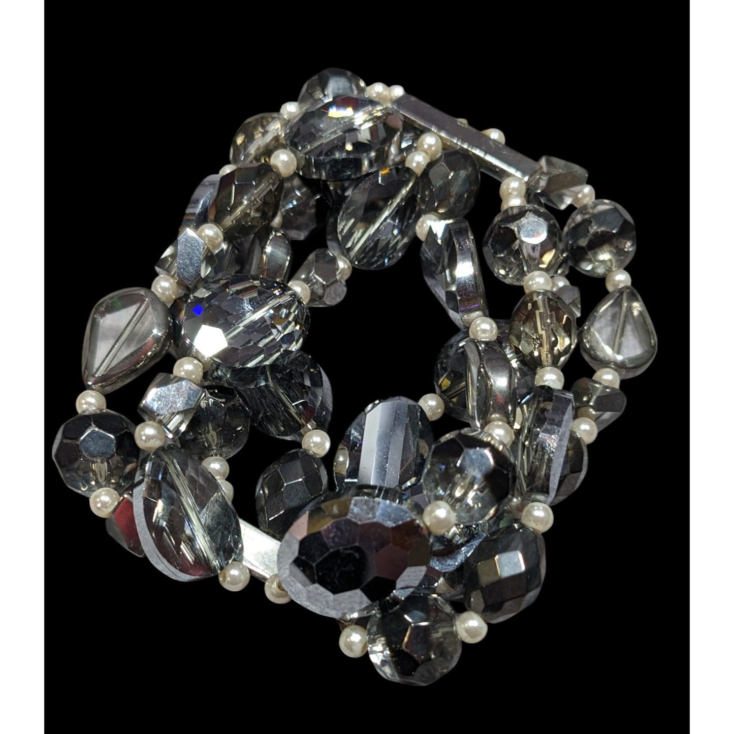Elegant Smokey Glass And Faux Pearl Layered Beaded Stretch Bracelet