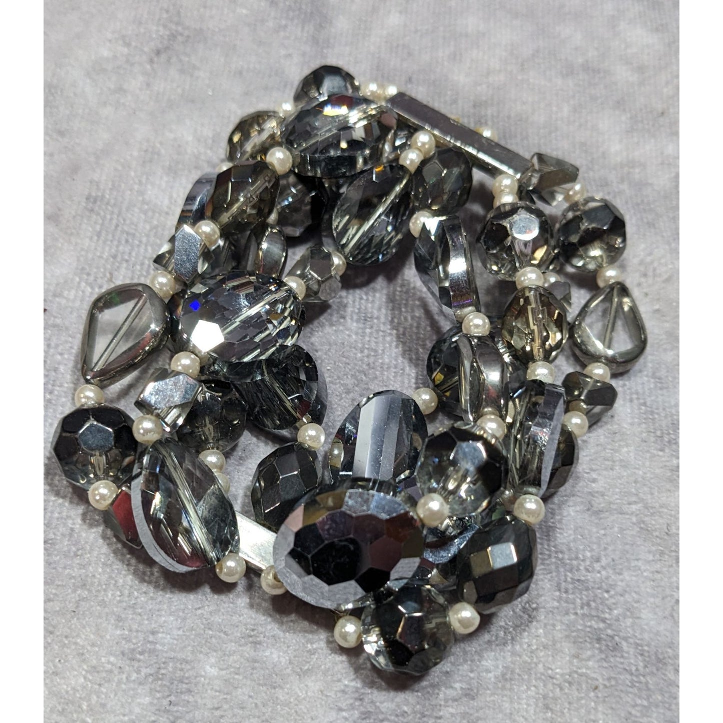 Elegant Smokey Glass And Faux Pearl Layered Beaded Stretch Bracelet