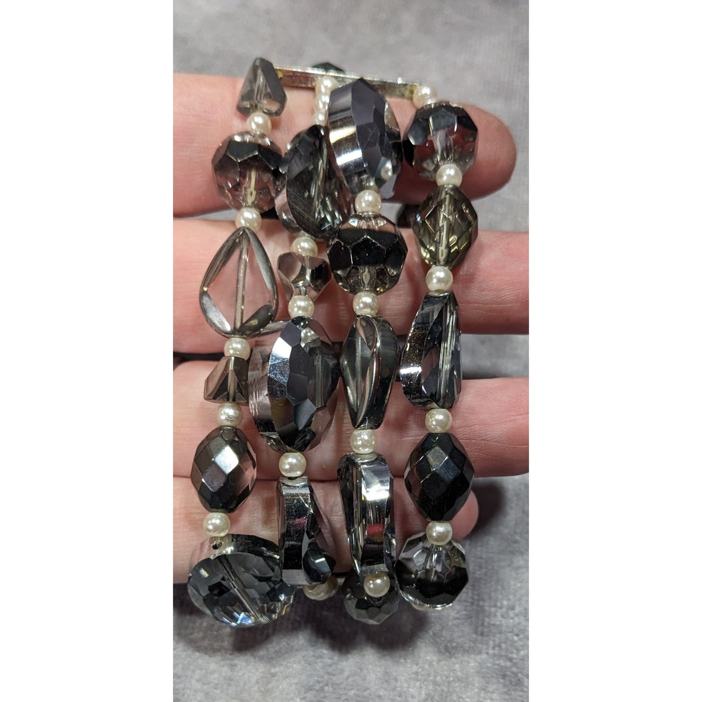 Elegant Smokey Glass And Faux Pearl Layered Beaded Stretch Bracelet