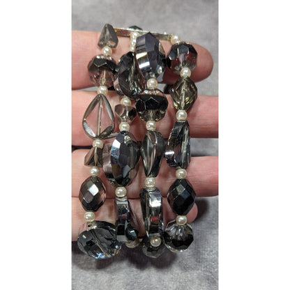 Elegant Smokey Glass And Faux Pearl Layered Beaded Stretch Bracelet