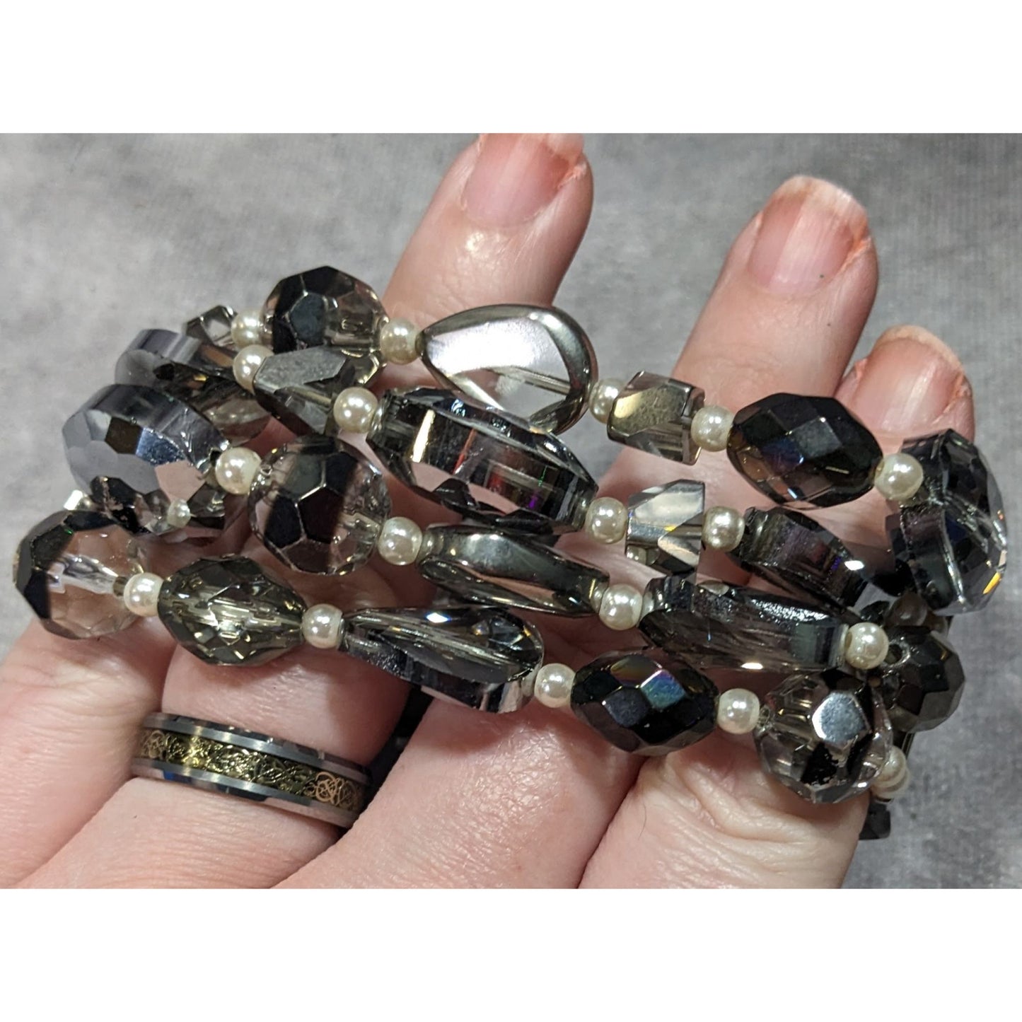 Elegant Smokey Glass And Faux Pearl Layered Beaded Stretch Bracelet