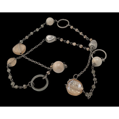 Y2K Style Cream Tone Glass Beaded Station Necklace