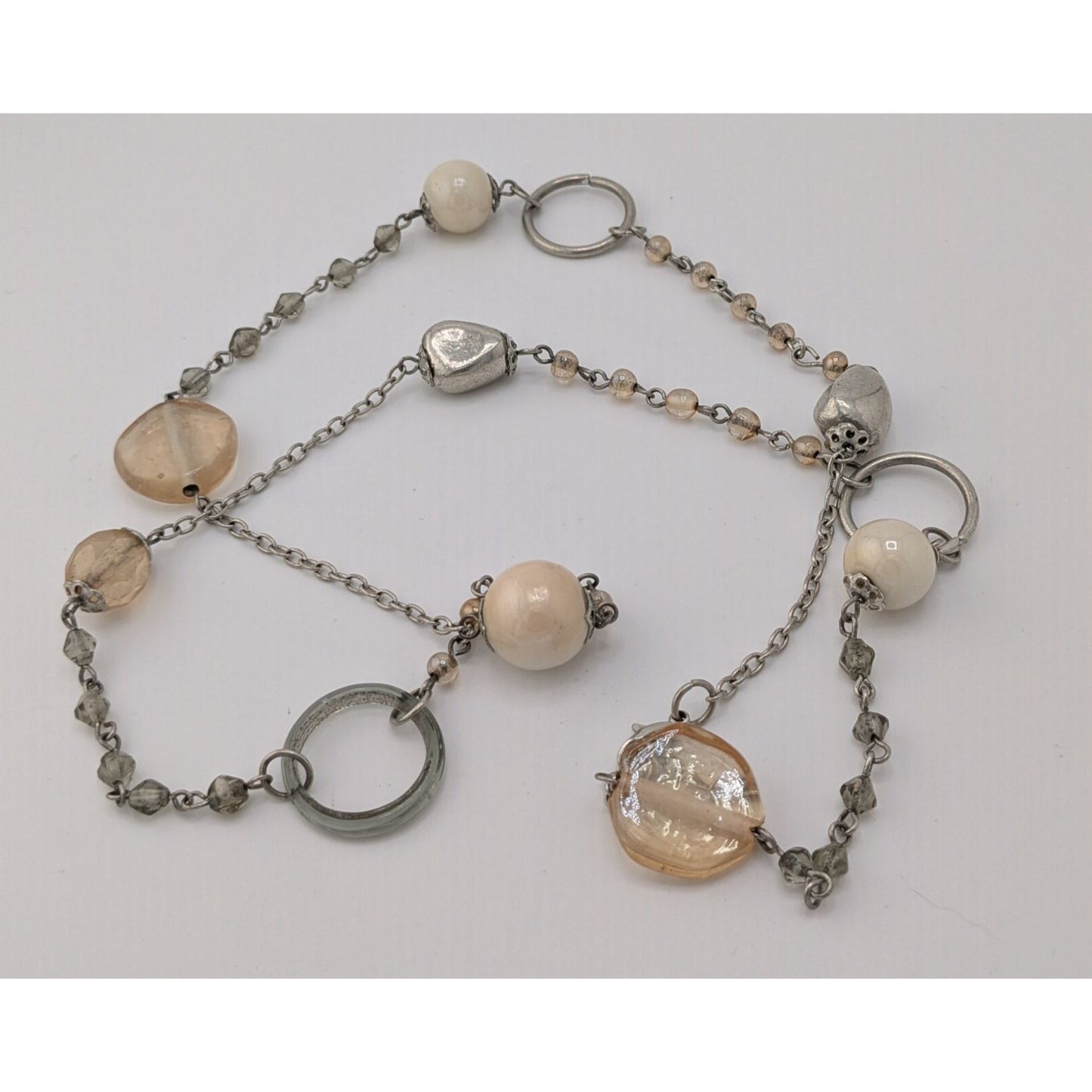 Y2K Style Cream Tone Glass Beaded Station Necklace
