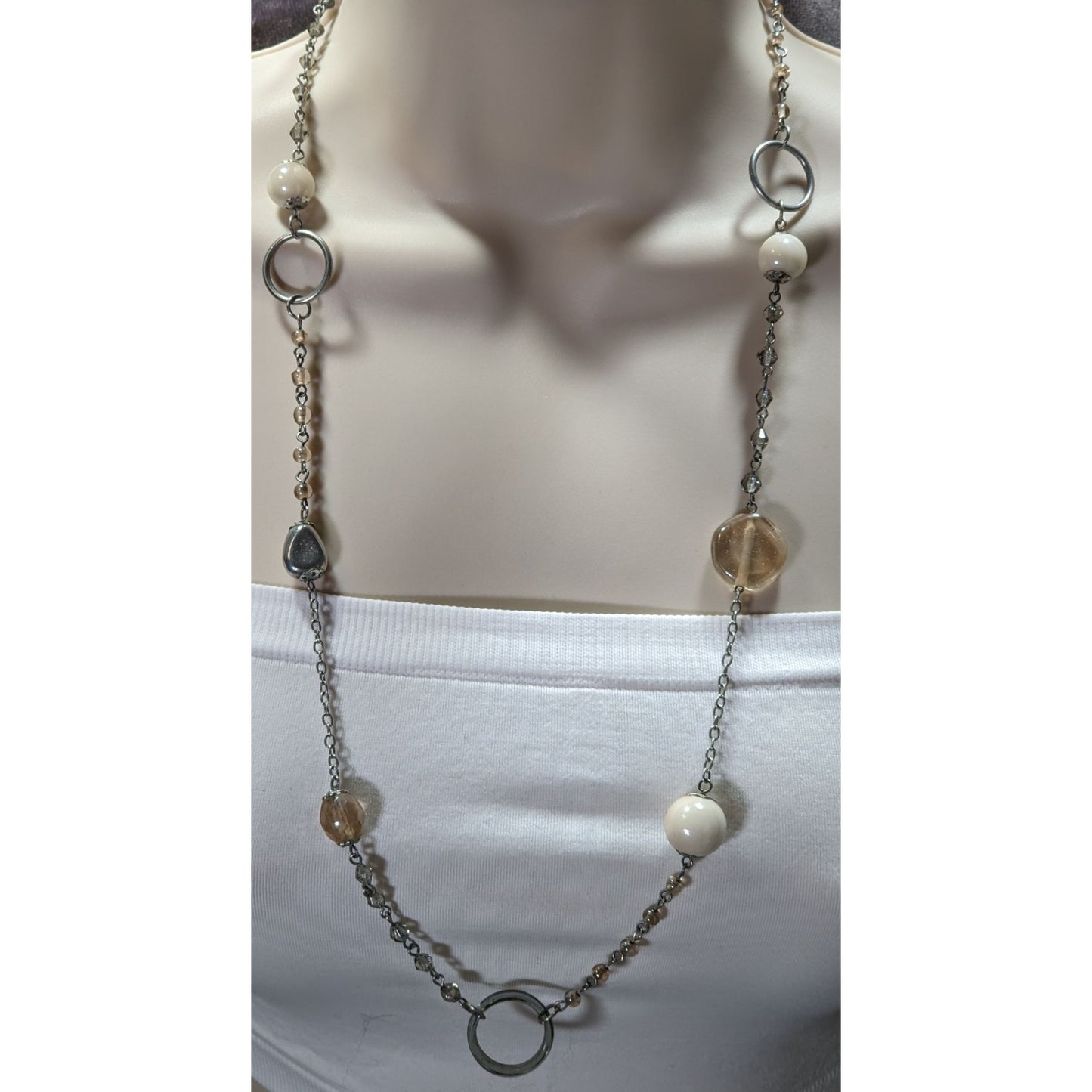 Y2K Style Cream Tone Glass Beaded Station Necklace