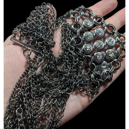 Glam Goth Metal Layered Chain Necklace With Rhinestone Accents