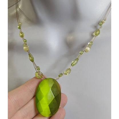 Mystical Green Faceted Oval Pendant Necklace With Beaded Strand